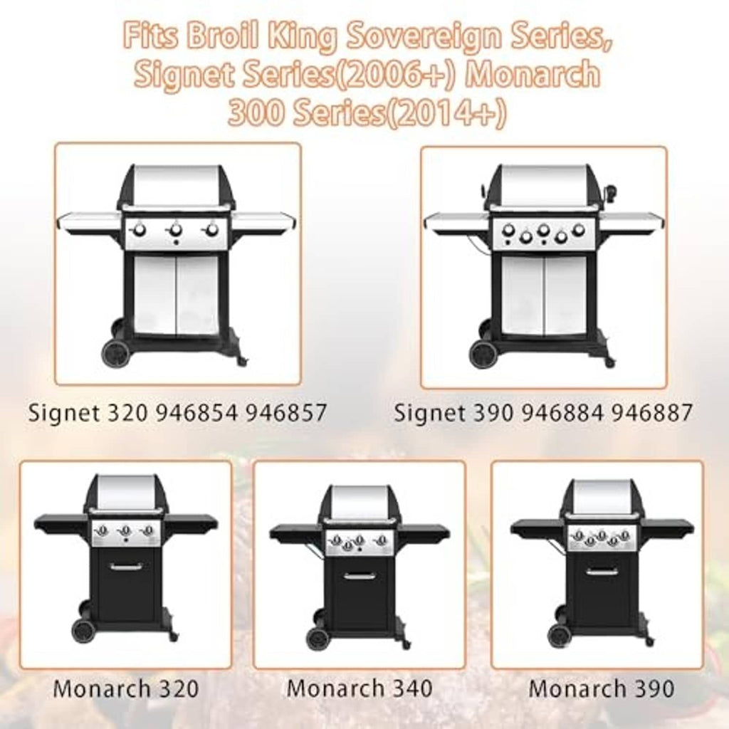 Stainless steel cooking grate replacement kit shown with compatible grill model images