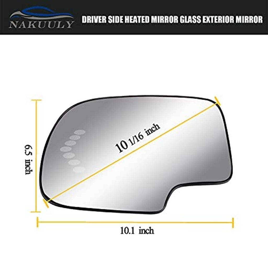 Heated mirror glass replacement with marked dimensions: 10.1 in wide and 6 in high