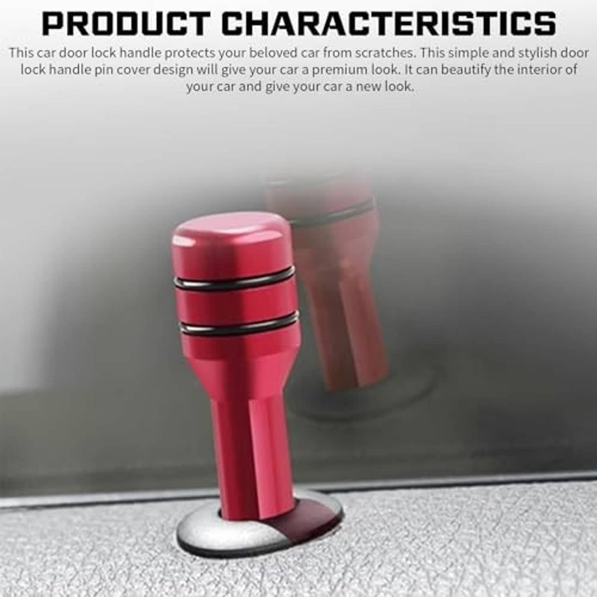 Red car door lock pull pin with black ring collar mounted on door panel
