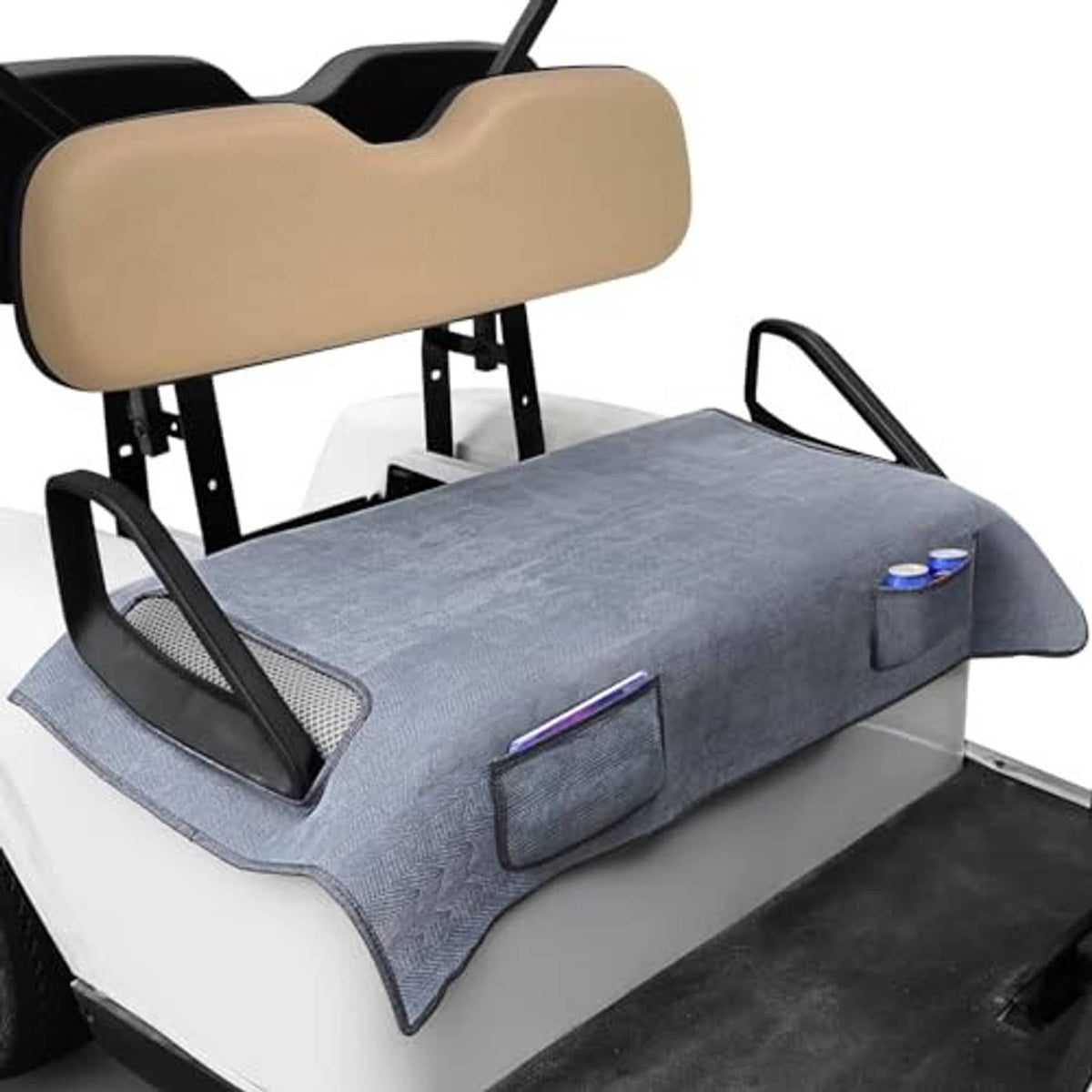 Gray golf cart seat blanket cover with two front pockets and side handle cutouts