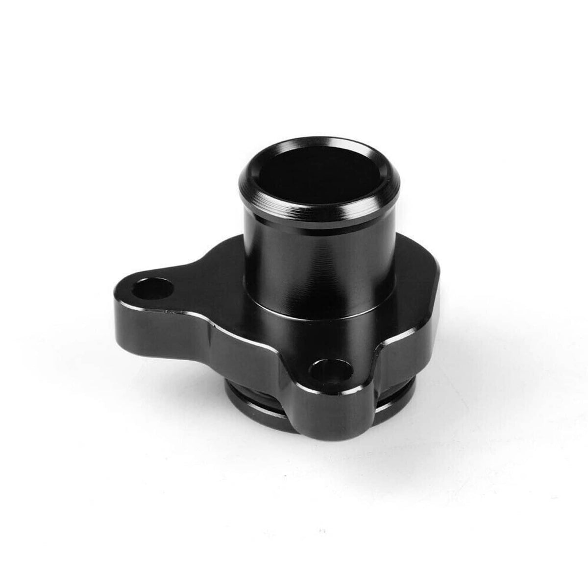 Black coolant water hose fitting with mounting base and side tabs, front view