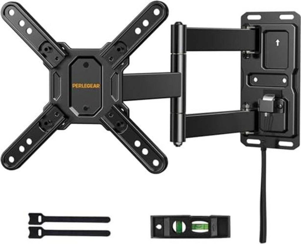Black full-motion TV wall mount with X-bracket arms and locking plate