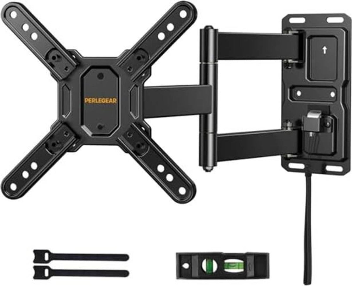 Black full-motion TV wall mount with X-bracket arms and locking plate