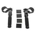 Pair of foldable foot pegs with black textured handles and U-bolt style clamps