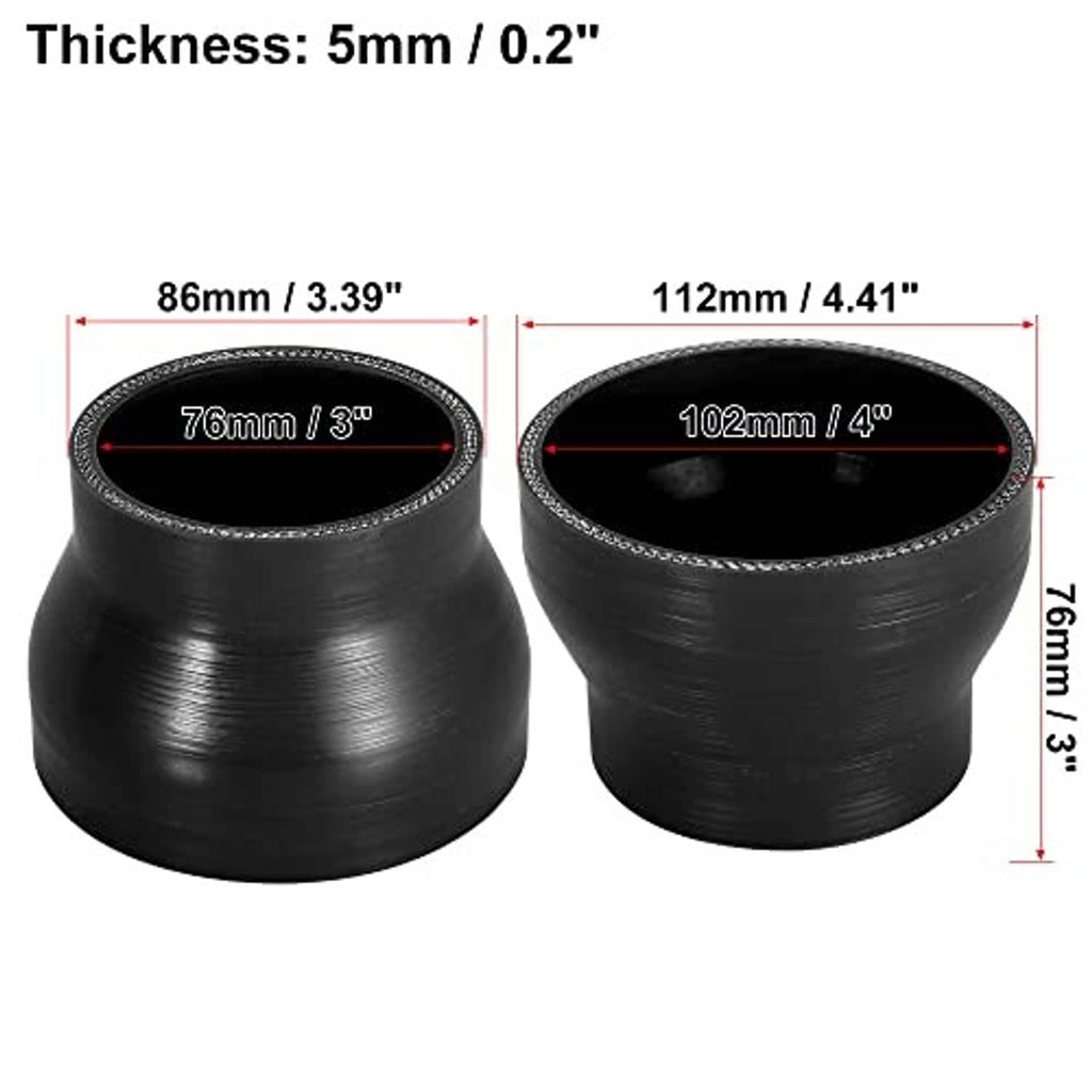 Black straight silicone reducer hose coupler, 5mm thick, 76mm to 102mm ID