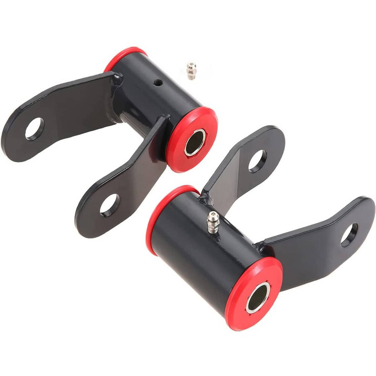 Rear shackle lift bracket set with red bushings and black steel plates