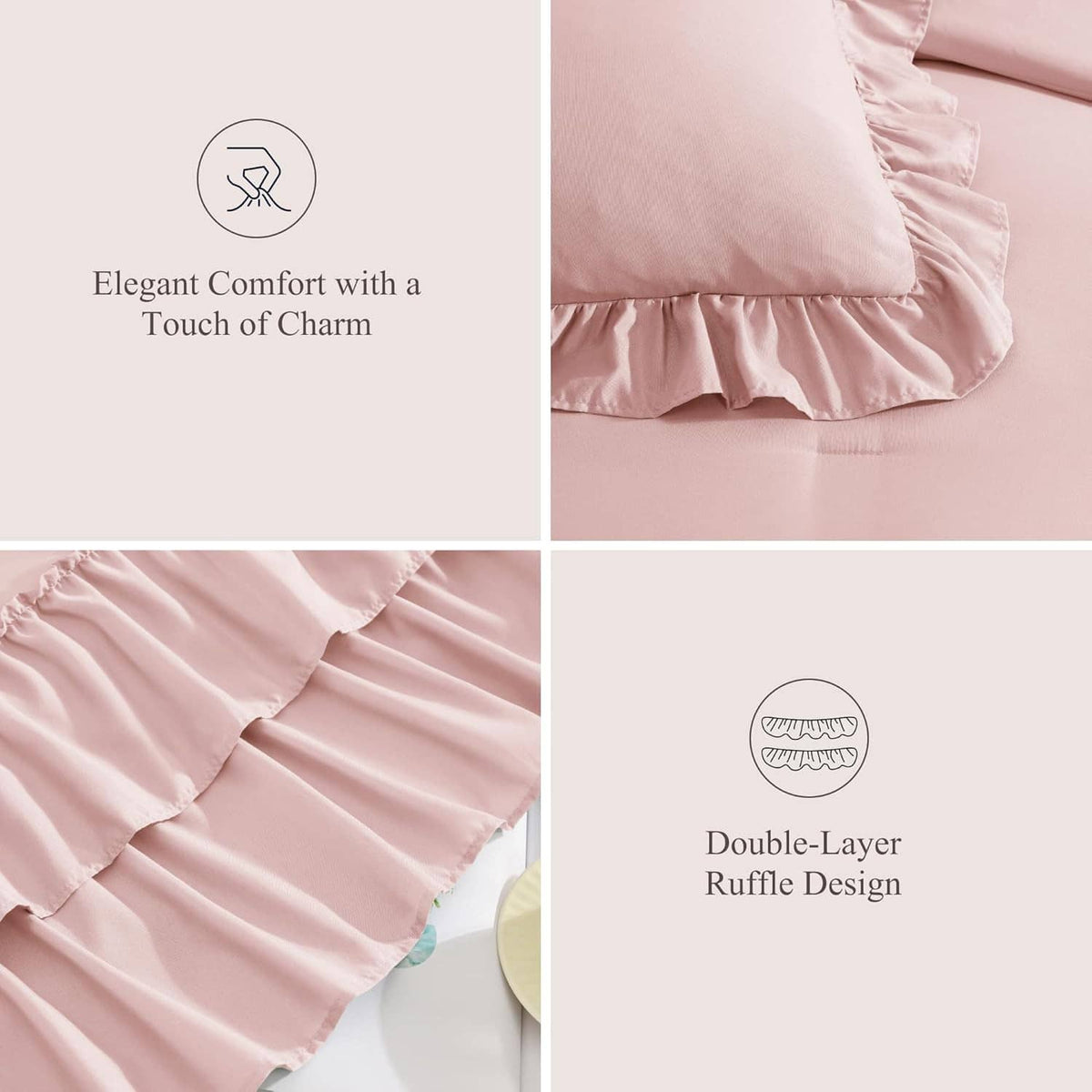 Pink double-layer ruffle design fabric close-up with gathered trim on bedding