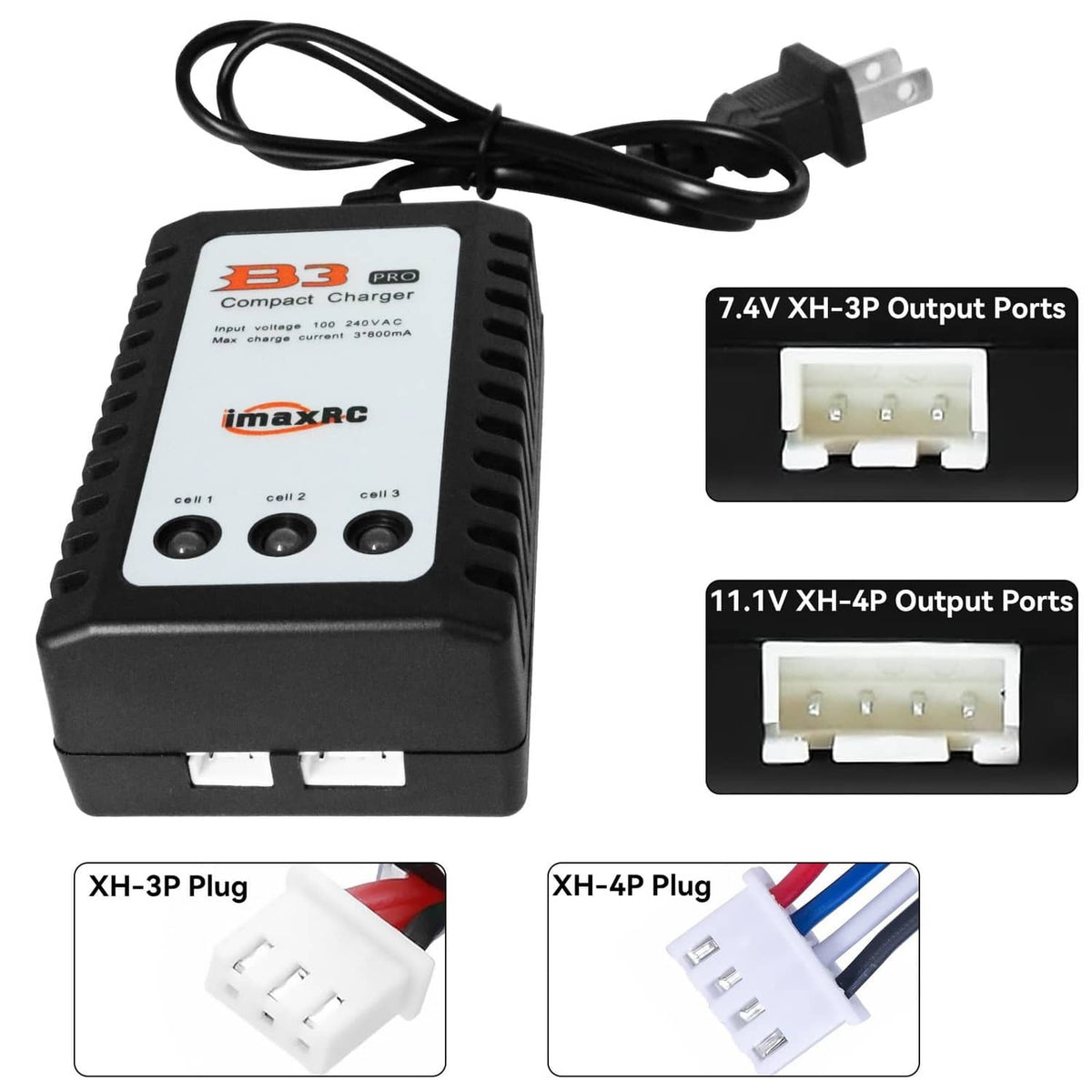Black LiPo balance charger with AC plug cable and view of output port connectors