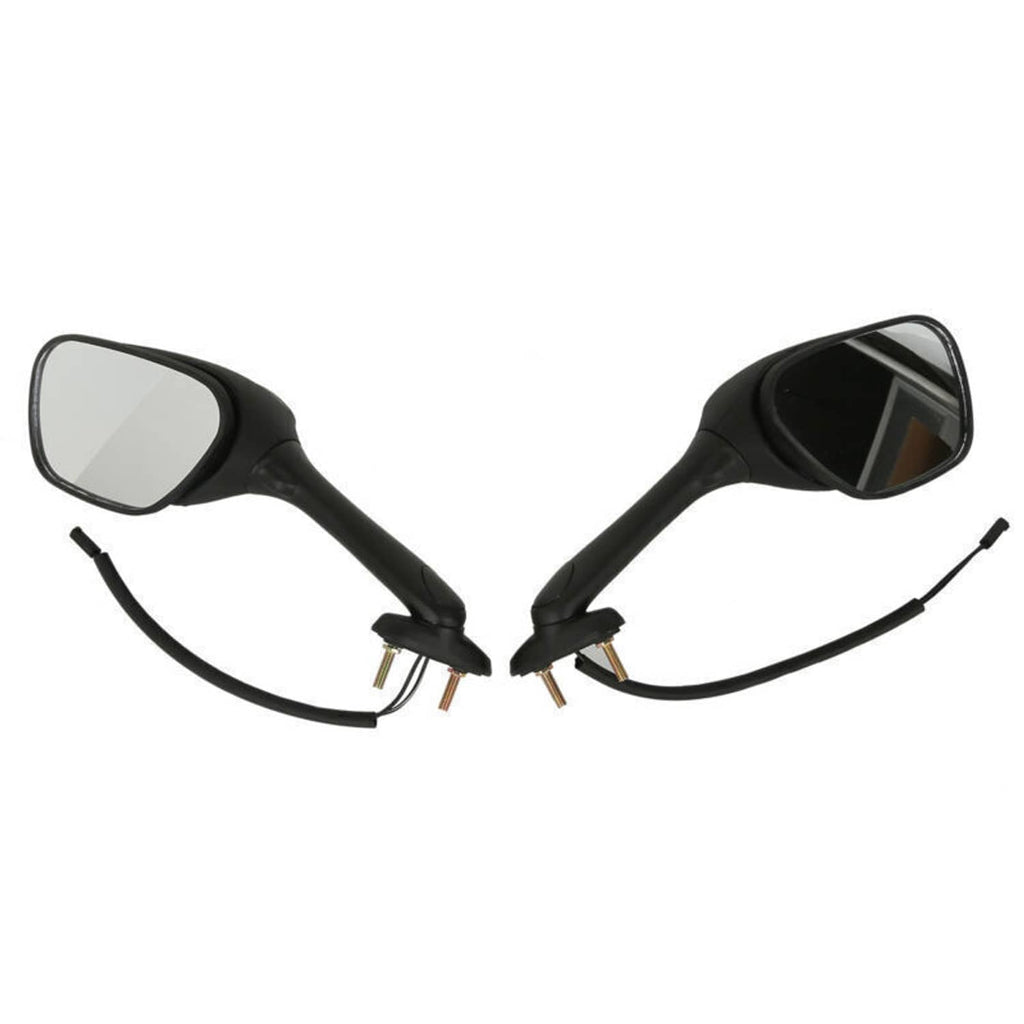 Two black motorcycle rearview mirrors with integrated amber turn signal housings and wires