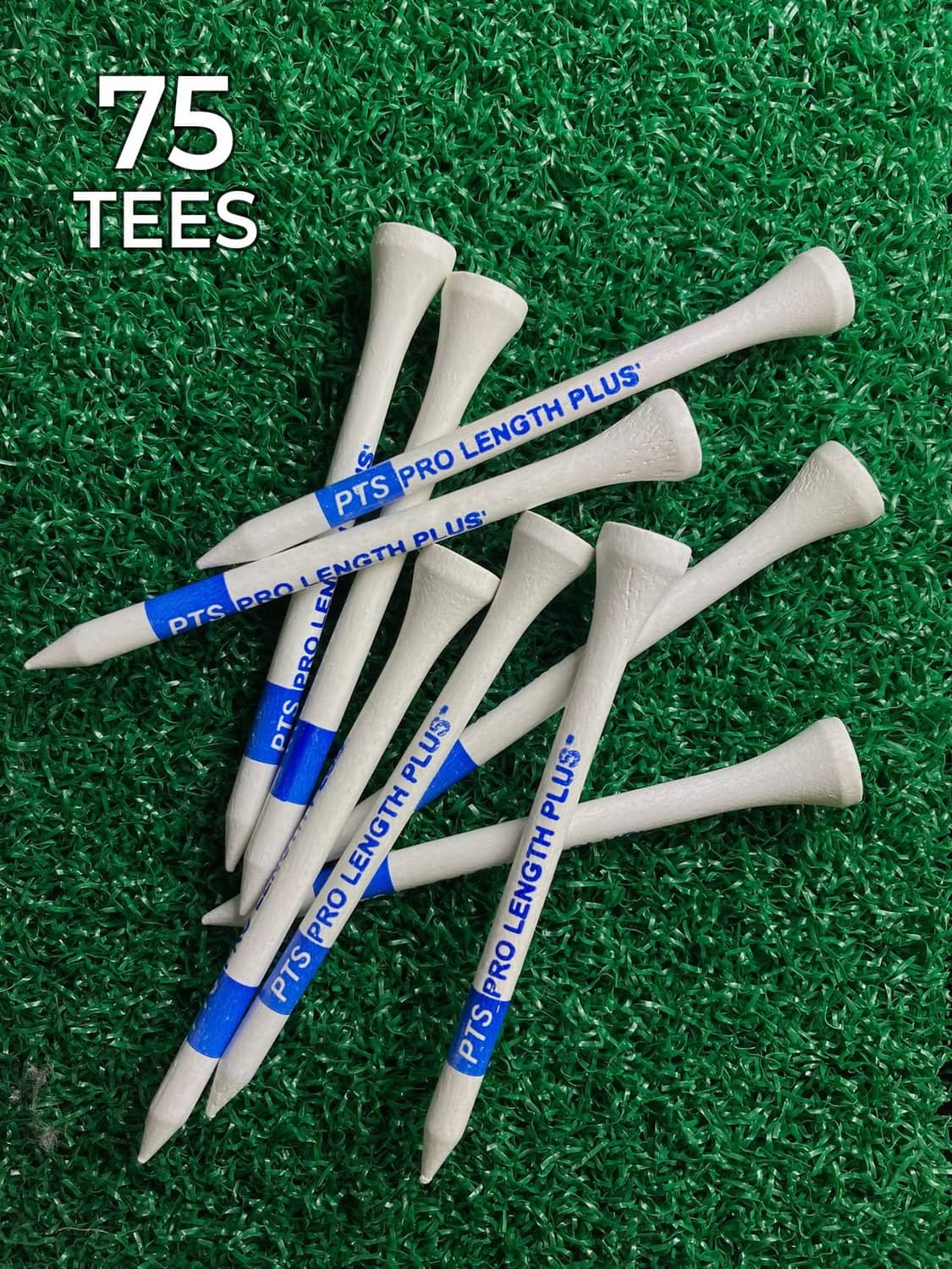 75 white wood golf tees on artificial turf with blue PTS branding