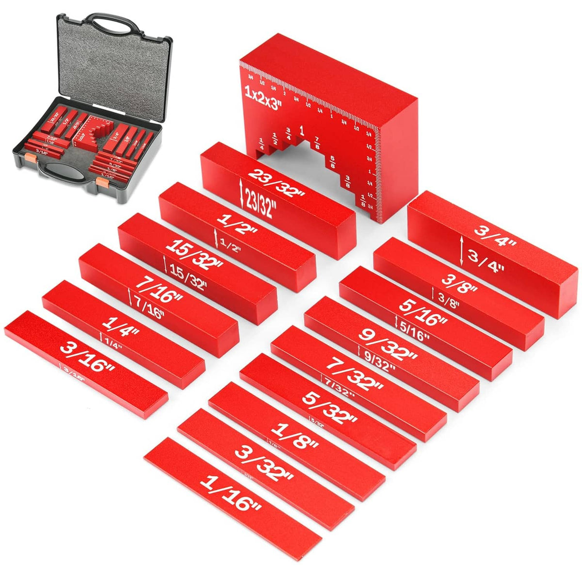 Red aluminum setup block height gauge kit with precision measurement bars