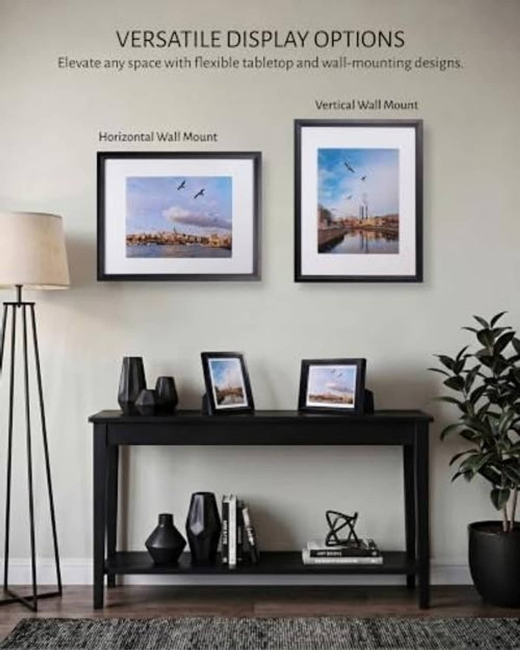 Black wooden 11x14 picture frames on wall, vertical and horizontal layout