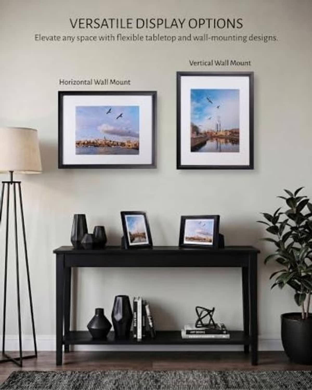 Black wooden 11x14 picture frames on wall, vertical and horizontal layout