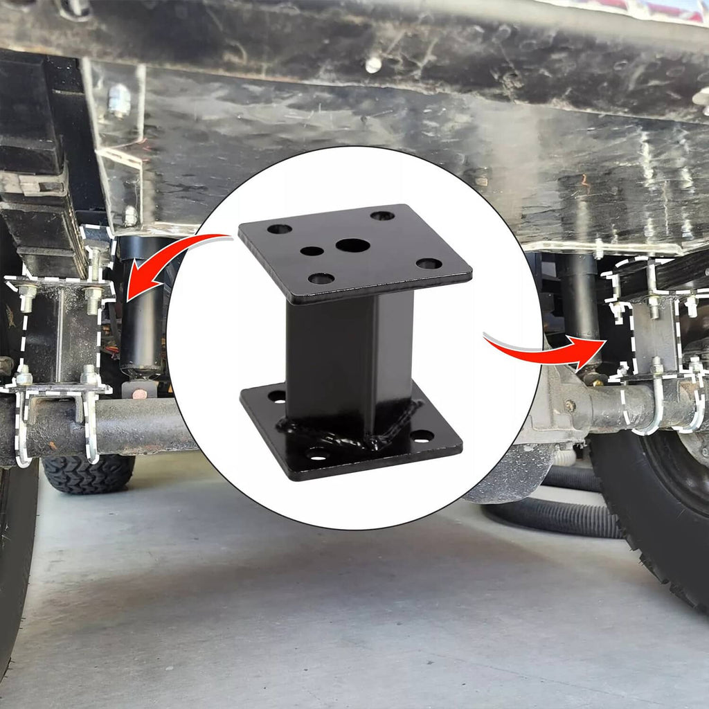 4 in block lift kit front installation: black lift block and mounting brackets