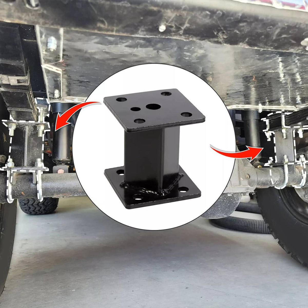 4 in block lift kit front installation: black lift block and mounting brackets
