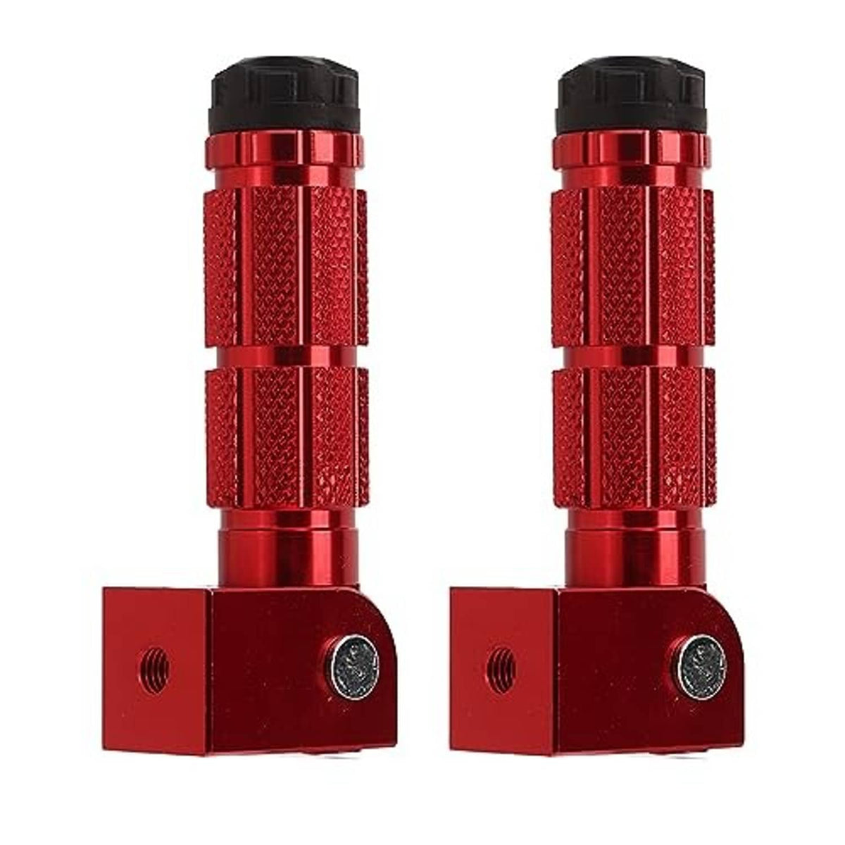 Red foldable motorcycle foot pegs with textured barrels and black caps, view from below
