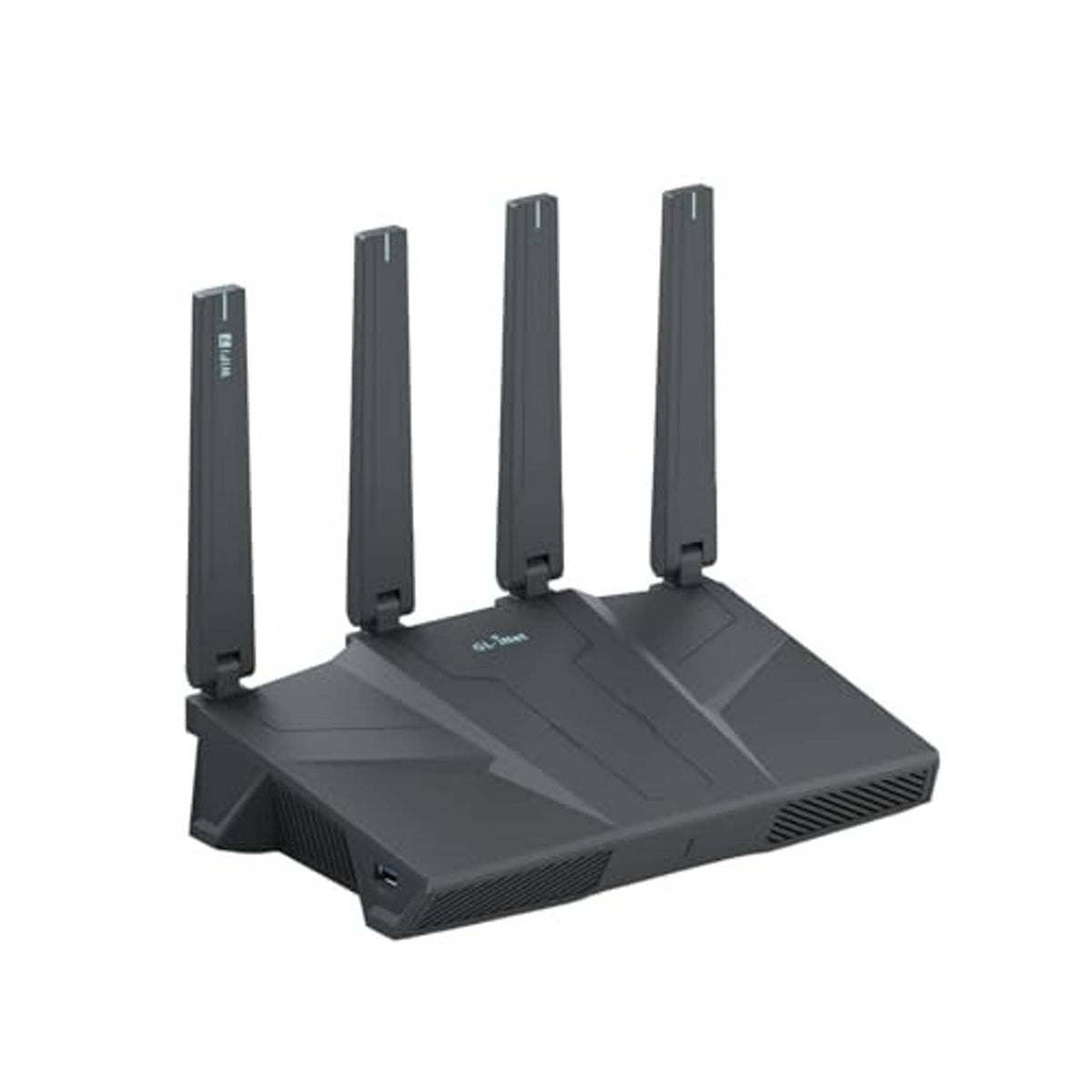 Wireless home router with four external antennas, angled view