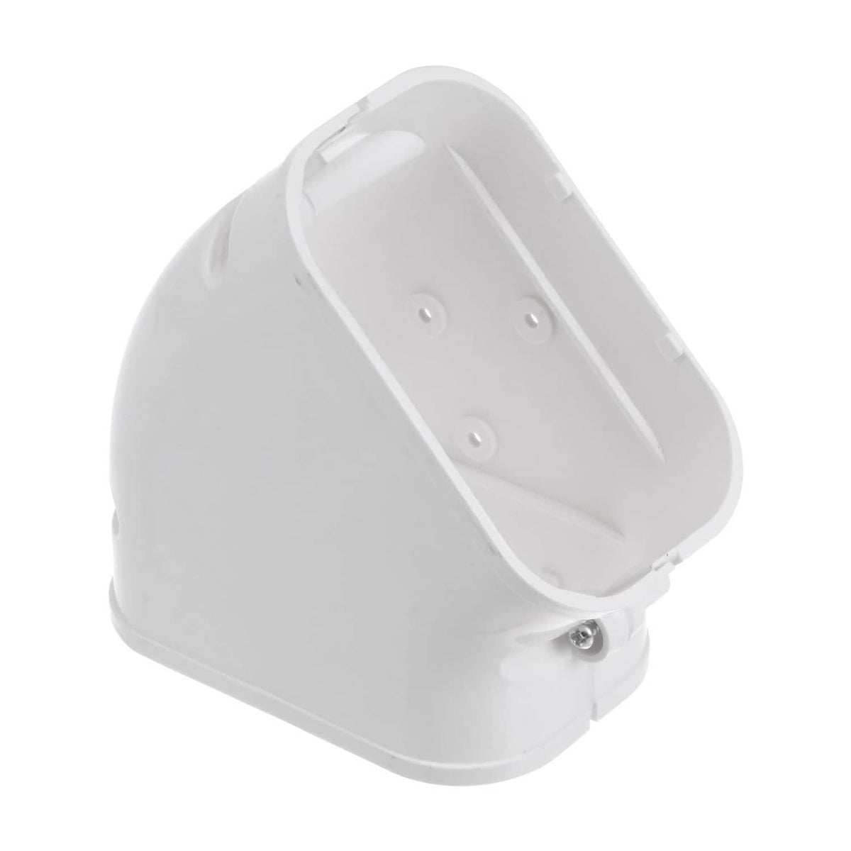 White PVC 45-degree elbow line cover with attachment slot and mounting holes
