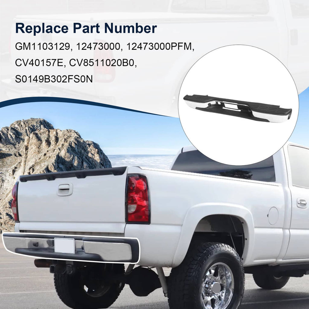Chrome rear step bumper with black step pads on a white pickup truck