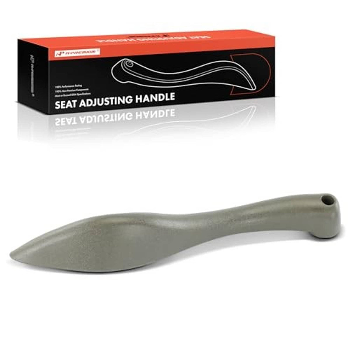 Seat adjusting handle, light gray curved plastic lever with small round end hole