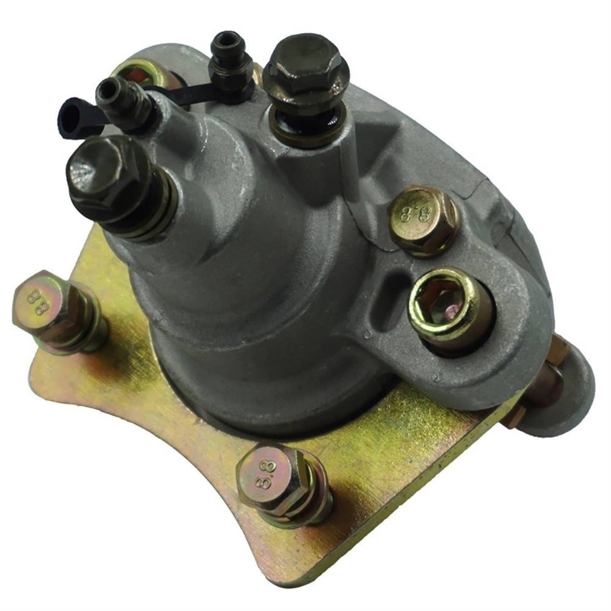 Rear brake master caliper with gray housing, threaded ports, and steel mounting plate