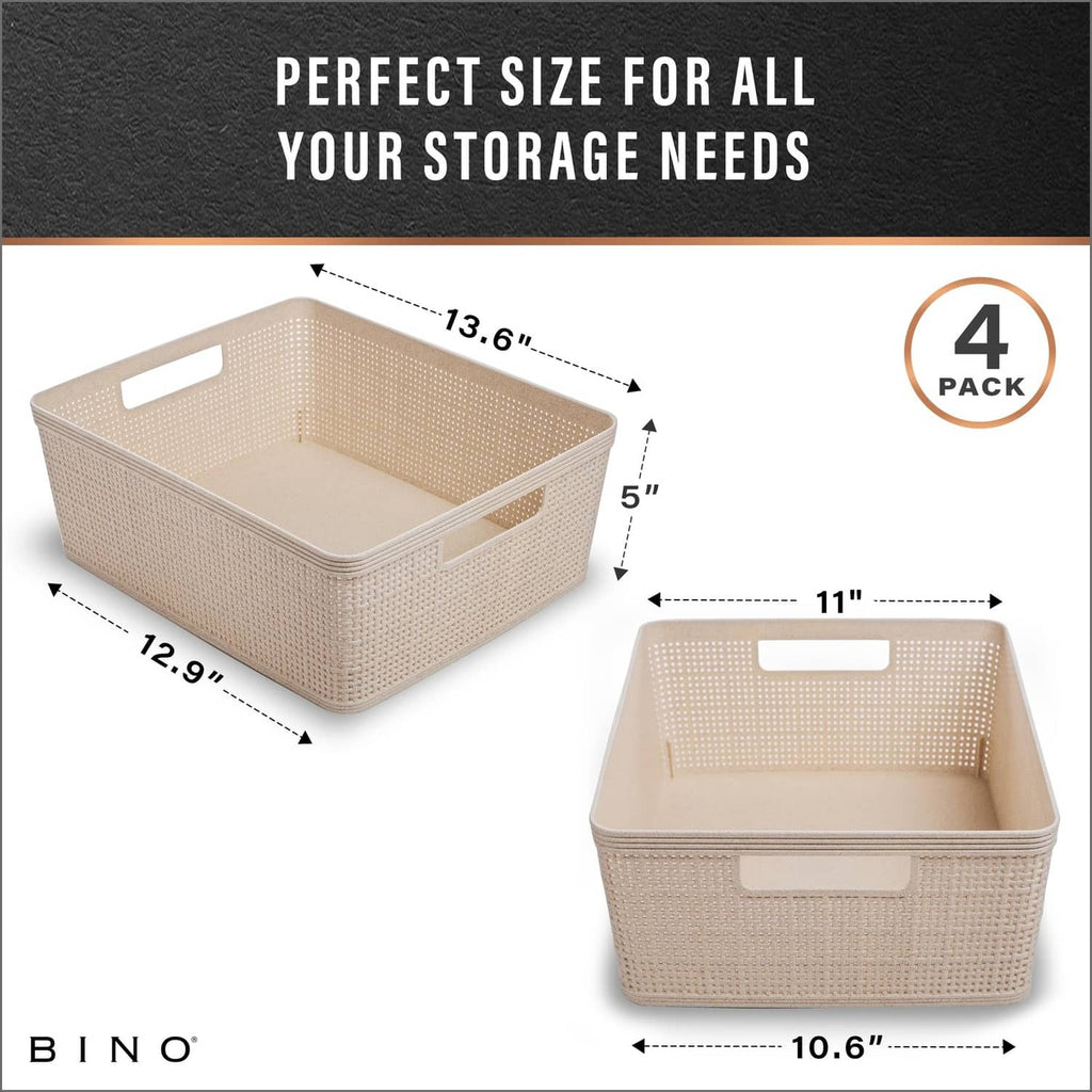 Natural woven plastic storage basket with cutout handle, size view for 4-pack set
