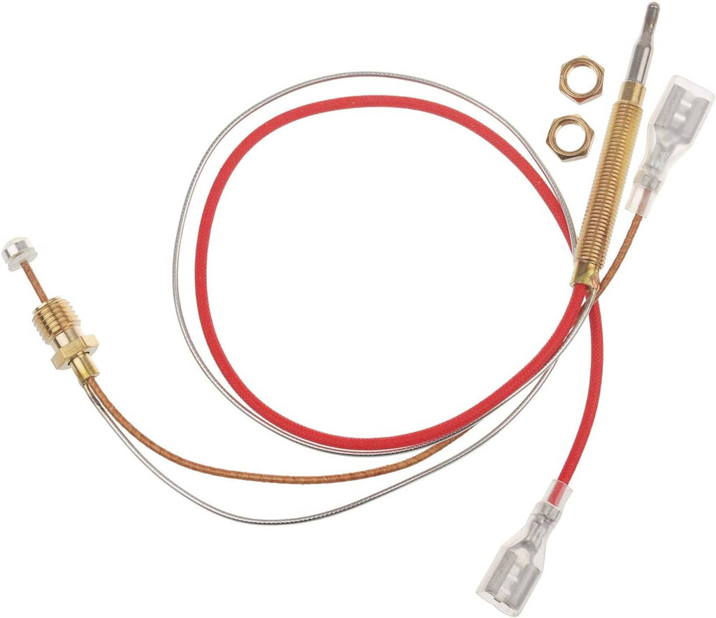 Thermocouple sensor wire harness with red and gray leads, two brass nuts, terminal ends