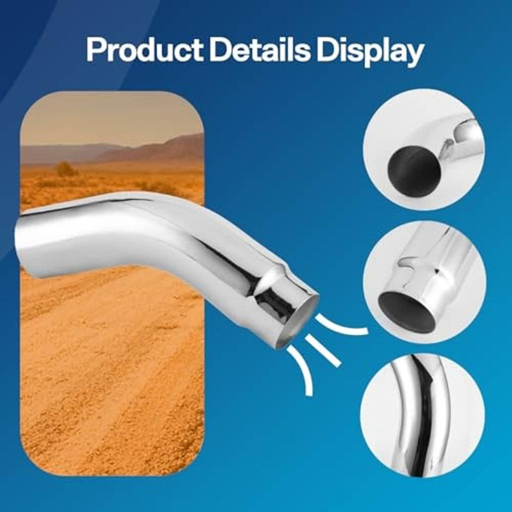 Universal silver exhaust elbow tip detail with black outlet sleeve and welded seam