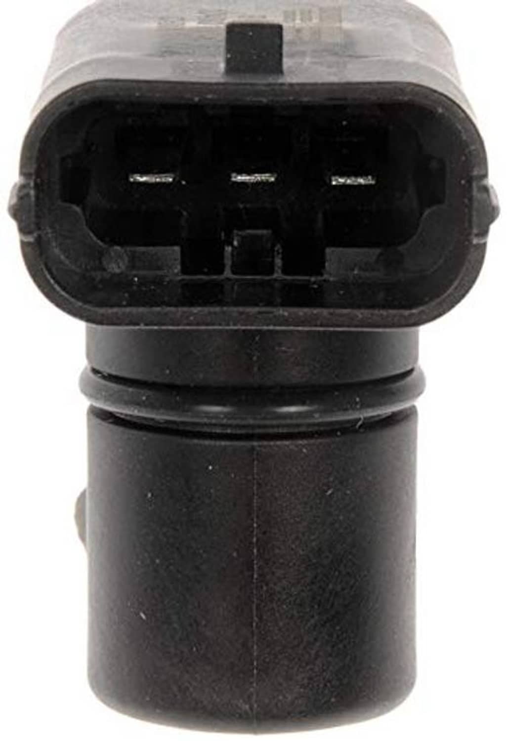 Engine camshaft position sensor front view with black electrical connector pins