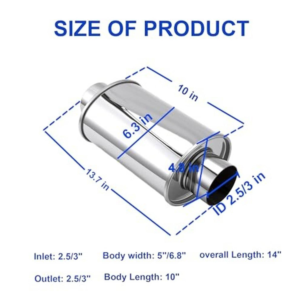 Stainless steel 3-inch exhaust resonator muffler dimensions diagram, side view