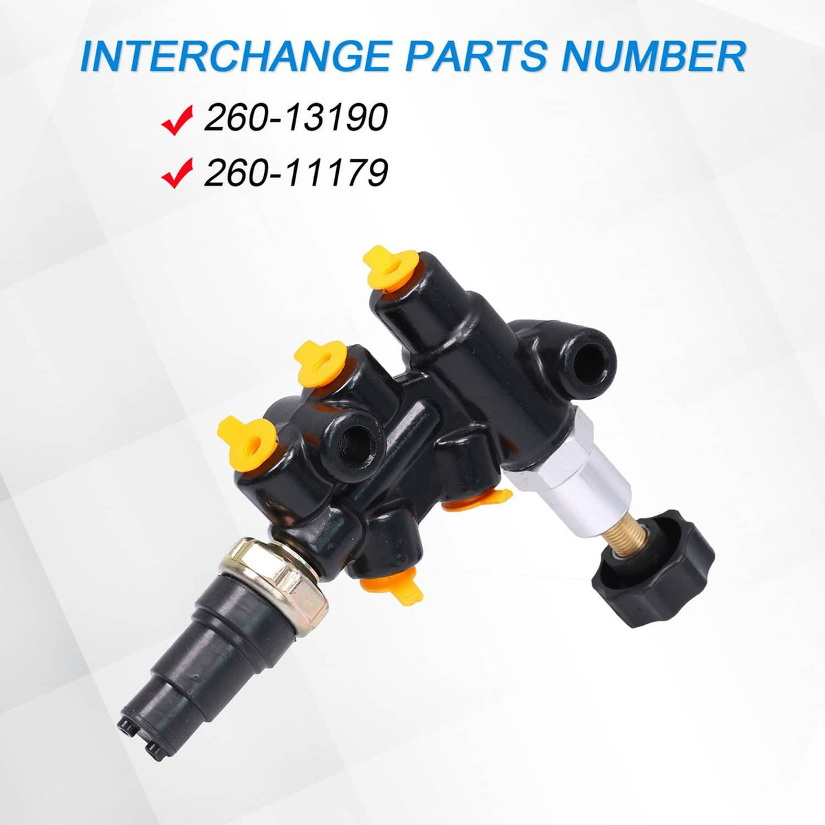 Universal proportioning valve with adjustable knob, black body, and silver ports
