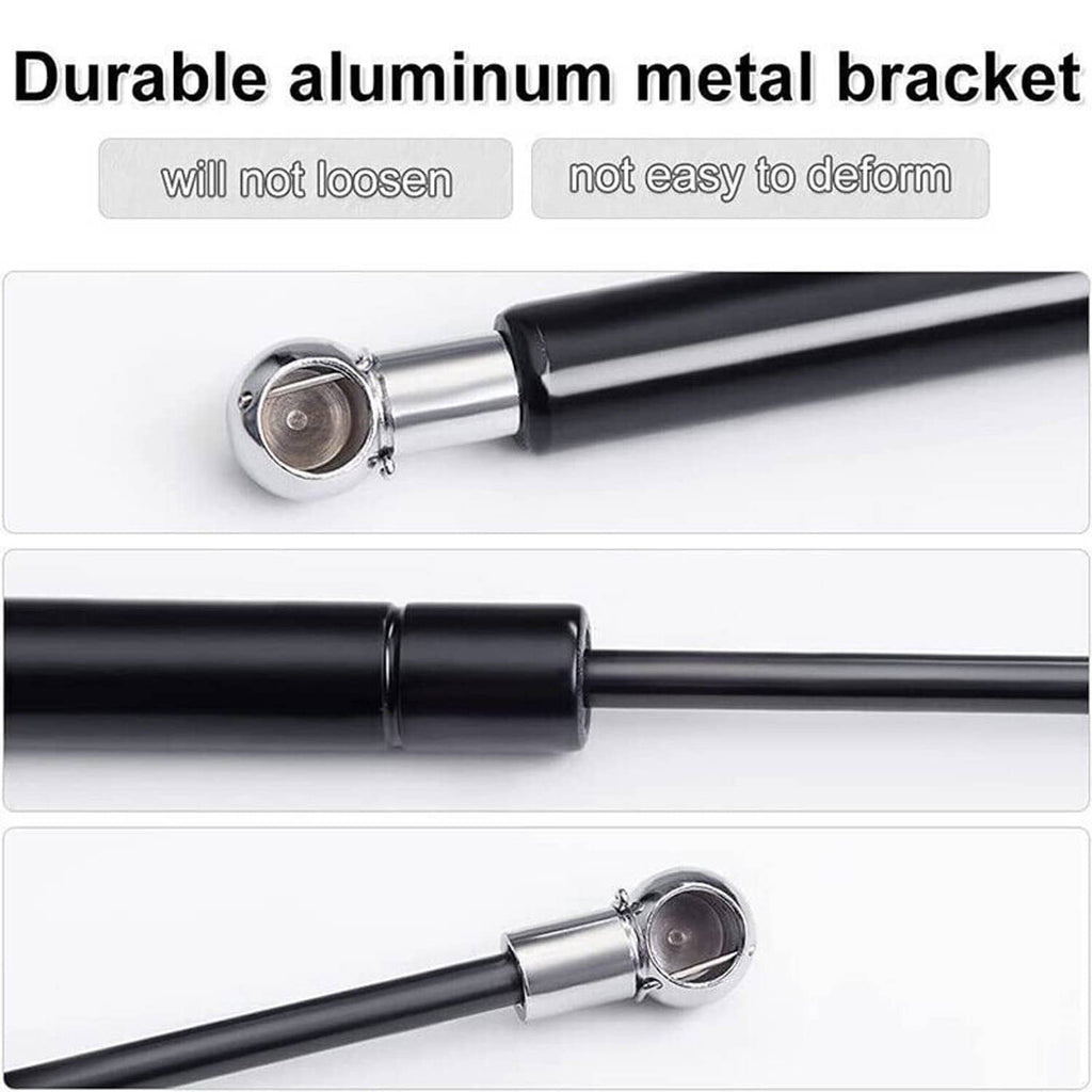 Black door strut with chrome ball joint ends and durable metal mounting bracket