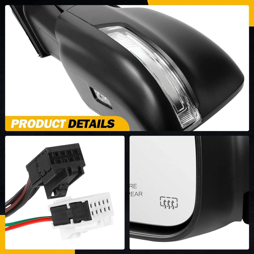 Side mirror turn-signal lens and housing detail with glossy dark finish