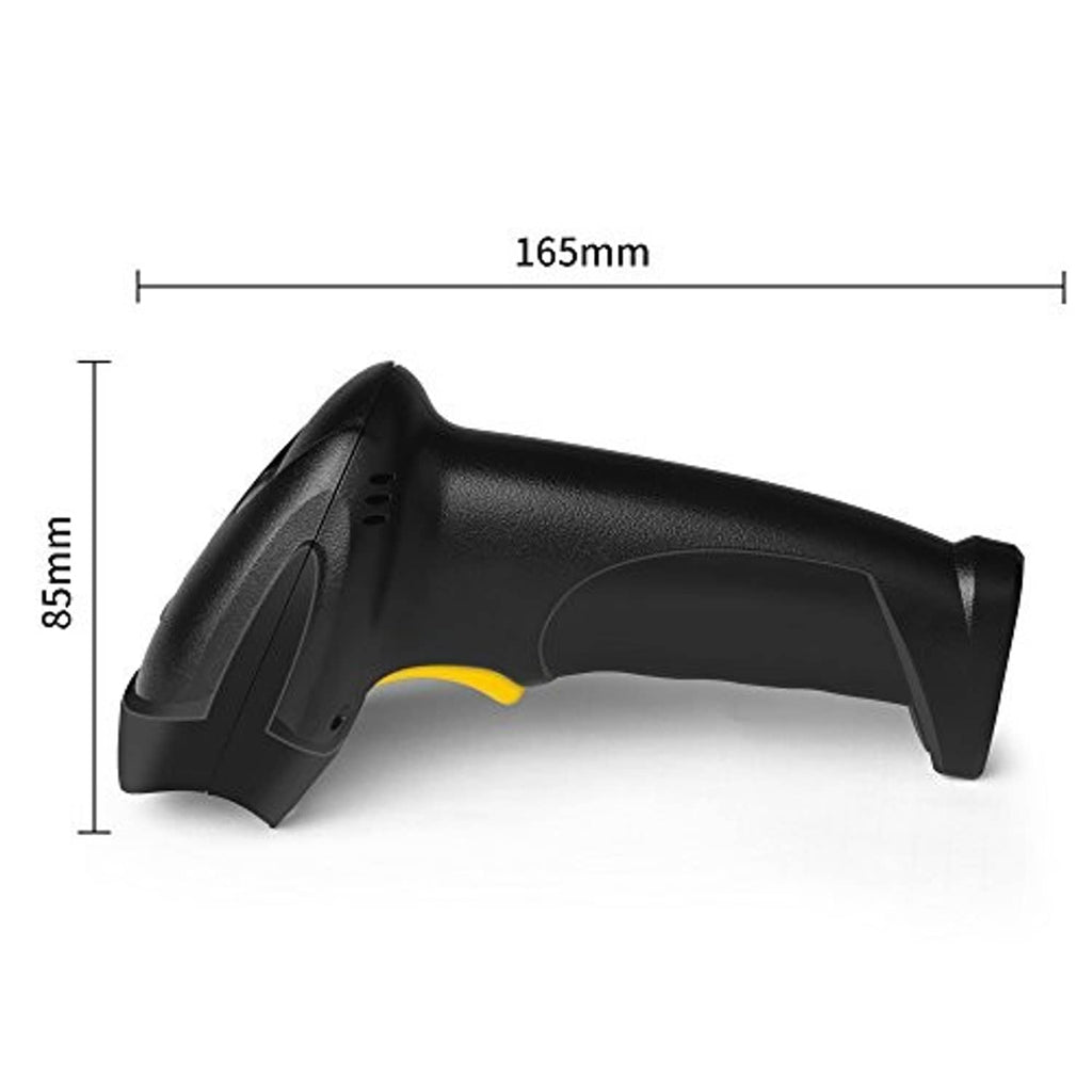 Wired handheld barcode scanner with size measurements, black body and yellow trigger