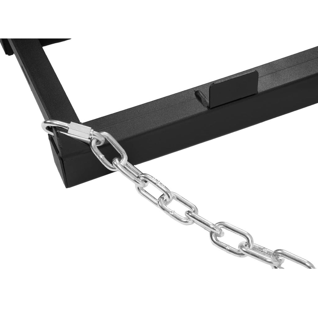 Tow connection on black drag harrow frame with silver chain and clevis pin