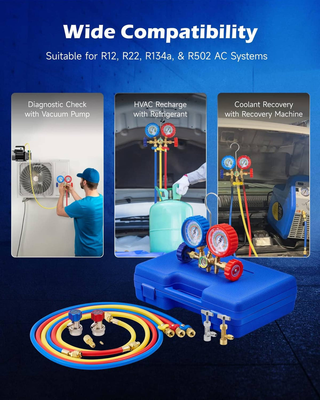 AC manifold gauge set with blue case, connected color-coded hoses, and two gauges