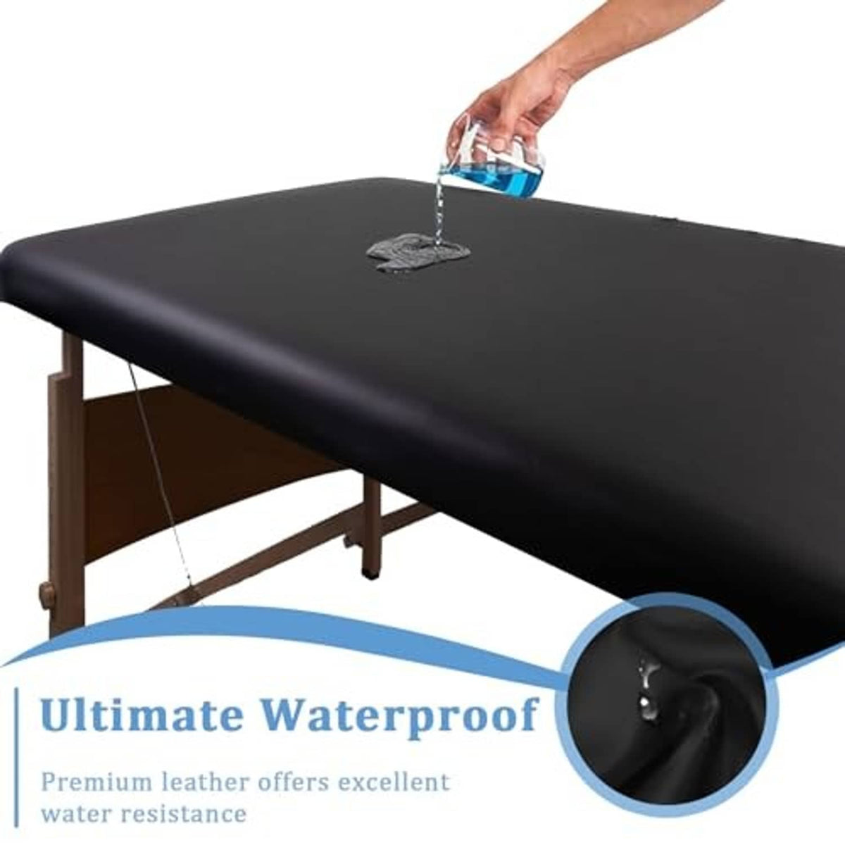 Black leather massage table cover with water droplets on the surface