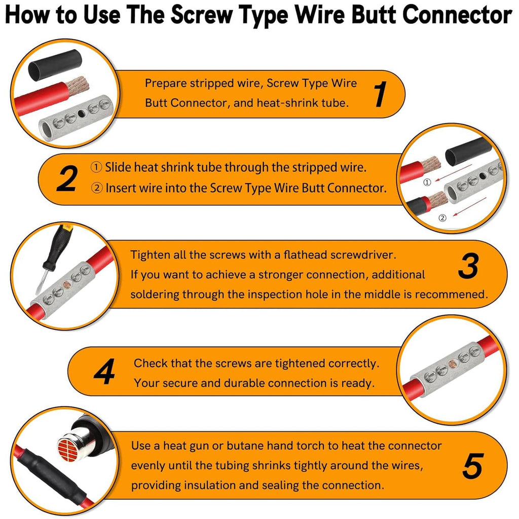 Steps for using screw-type wire butt connector: strip wire, insert, tighten screws