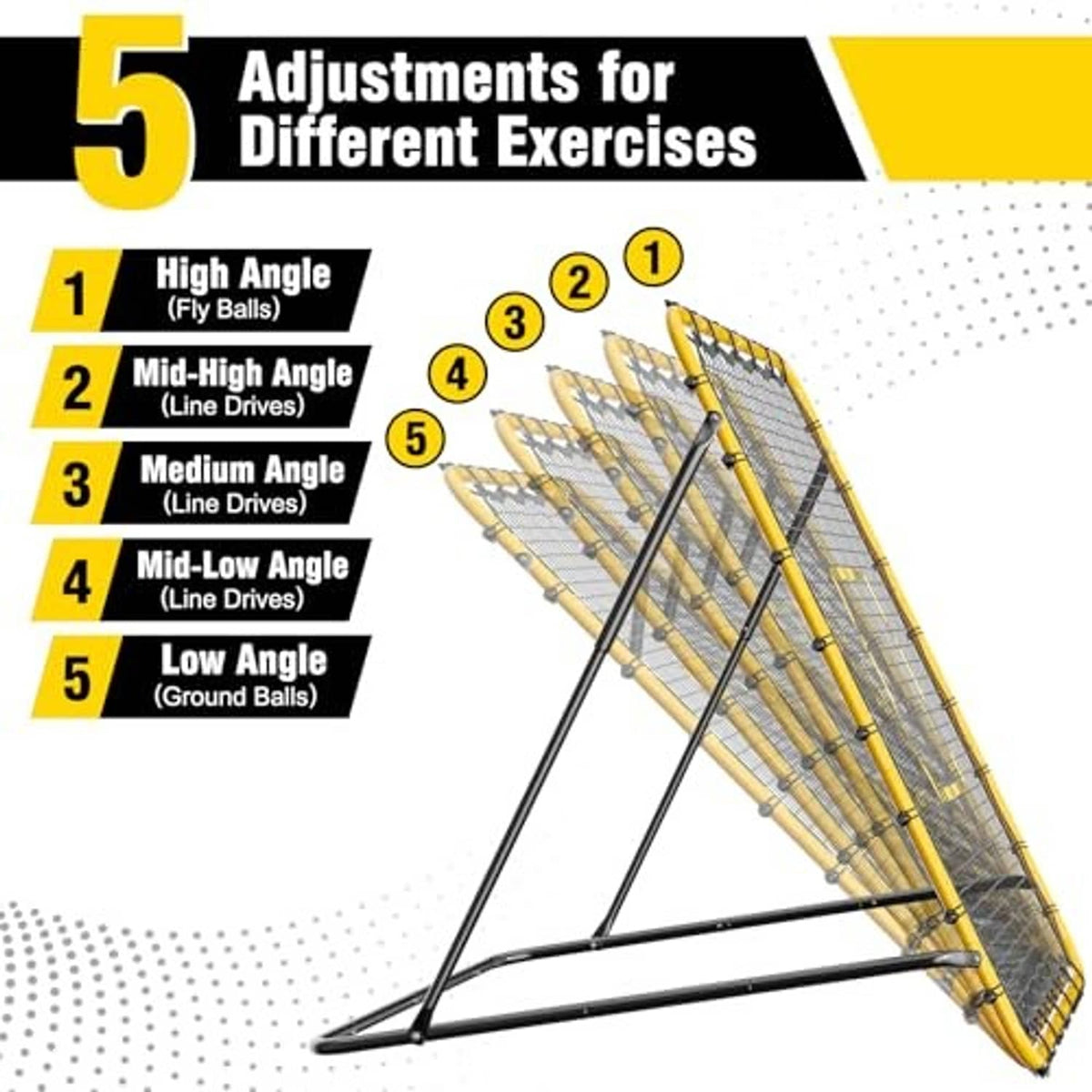 Rebound net stand with five adjustable training angles, yellow frame and black grid