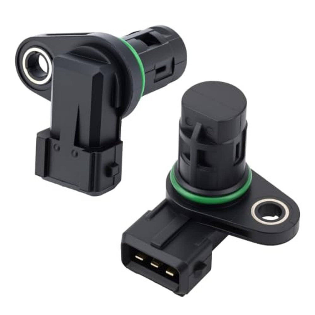 Two black camshaft position sensors with green O-ring, mounting bracket, and 3-pin plug
