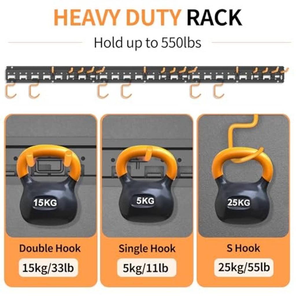 Heavy-duty black wall organizer rack with orange hooks for storing heavy tools