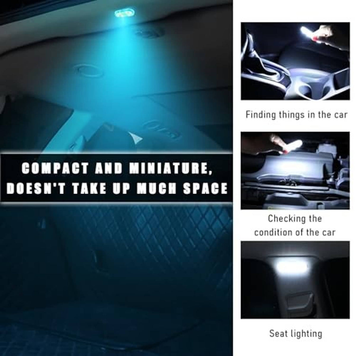 Compact magnetic LED interior lights casting blue under-seat and cabin lighting glow