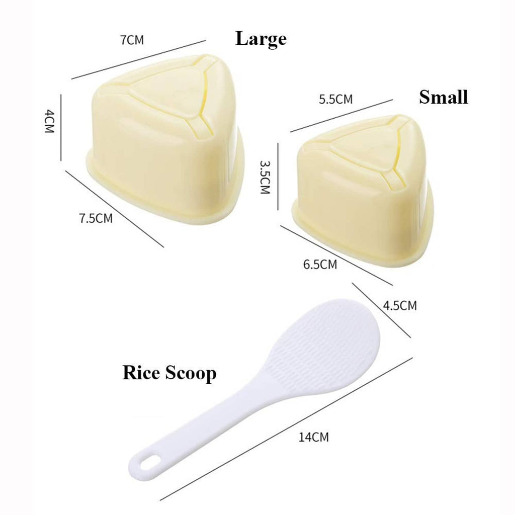 Triangle rice mold set with large and small cream shells plus rice scoop spoon