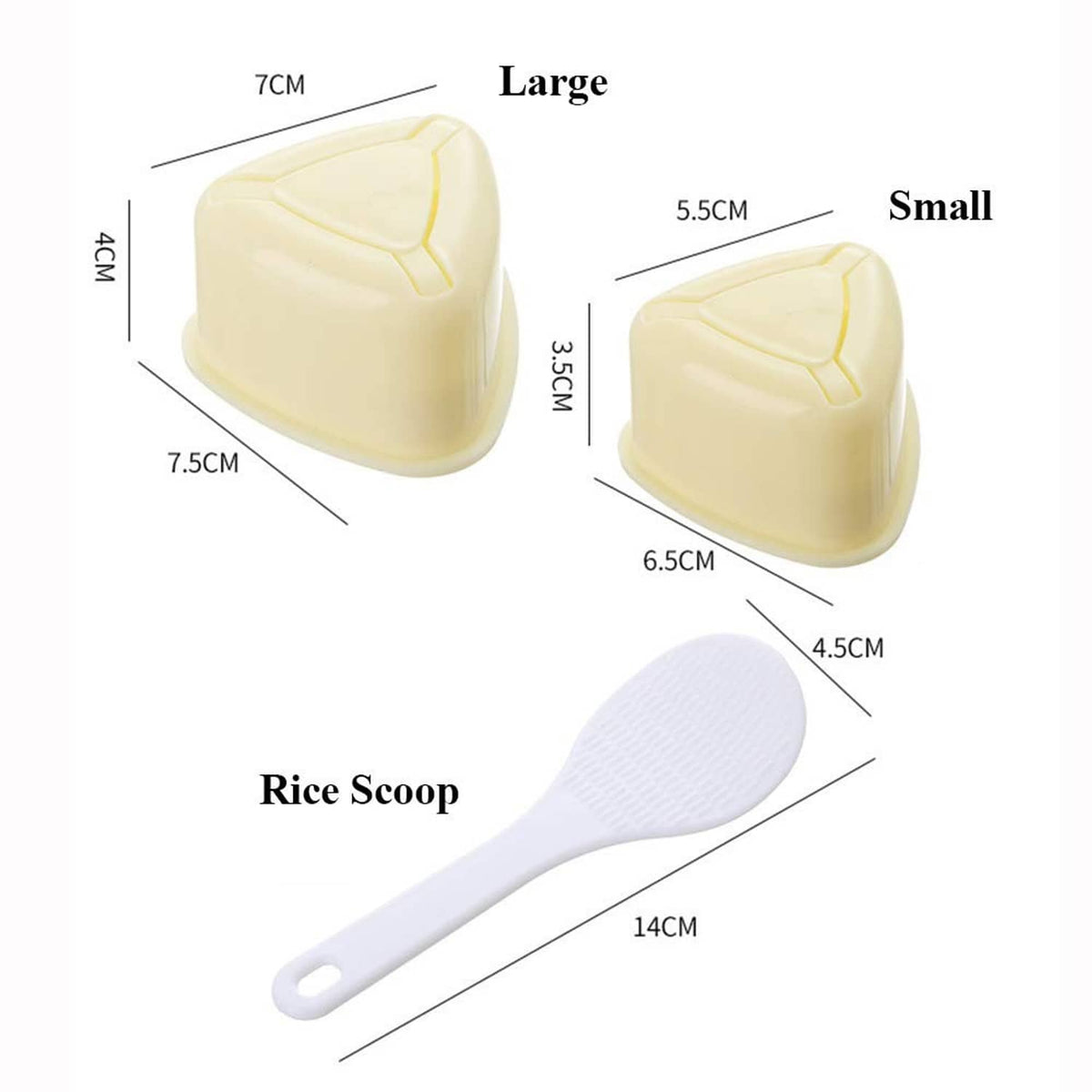 Triangle rice mold set with large and small cream shells plus rice scoop spoon