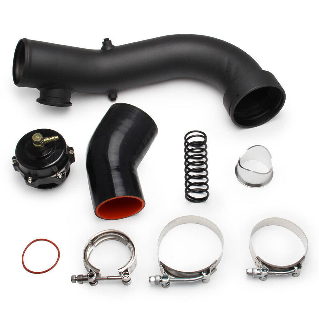 Turbo intake pipe kit set with black hoses, spring, clamps, and valve parts