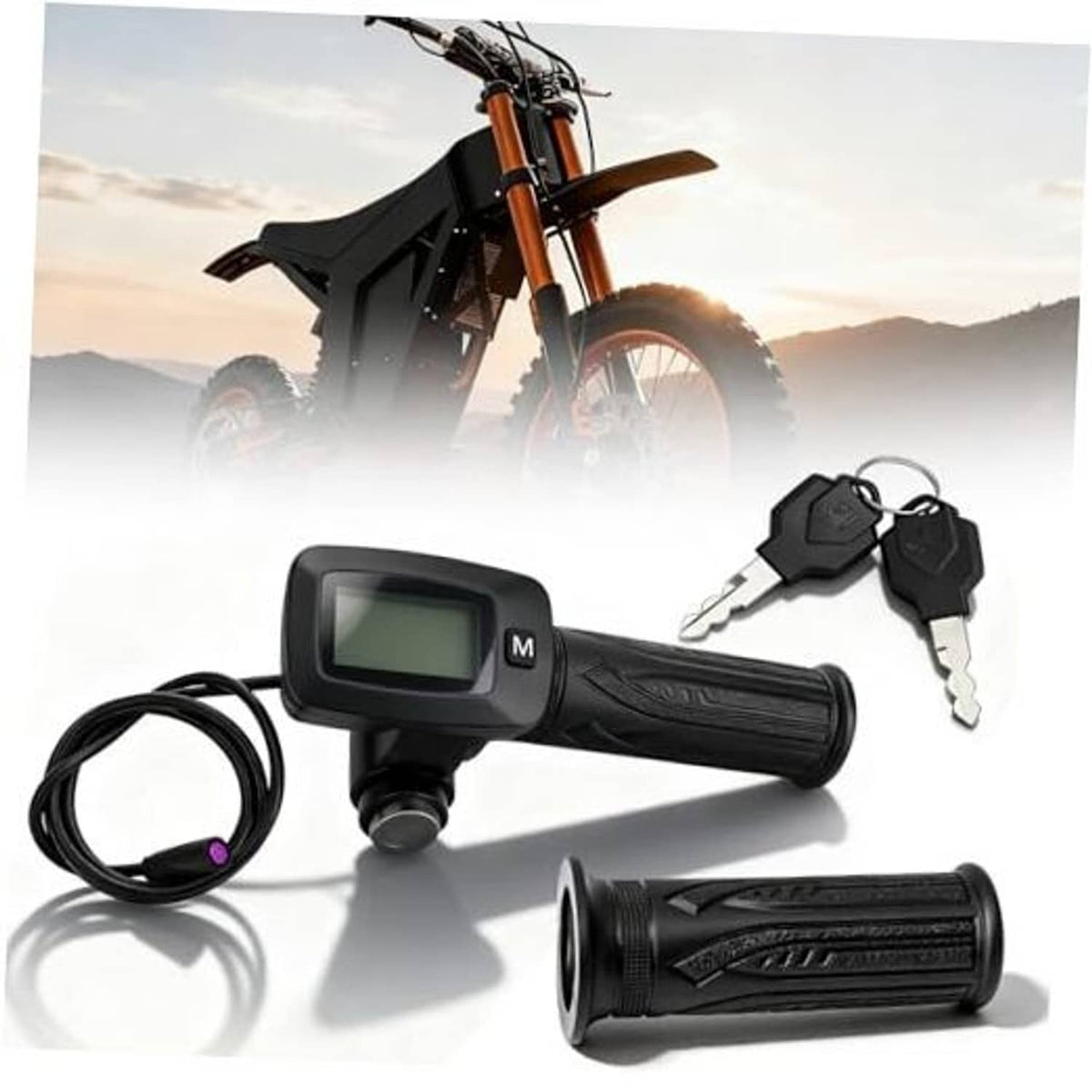 Black throttle-integrated LCD display with M button, handle controls, and keys