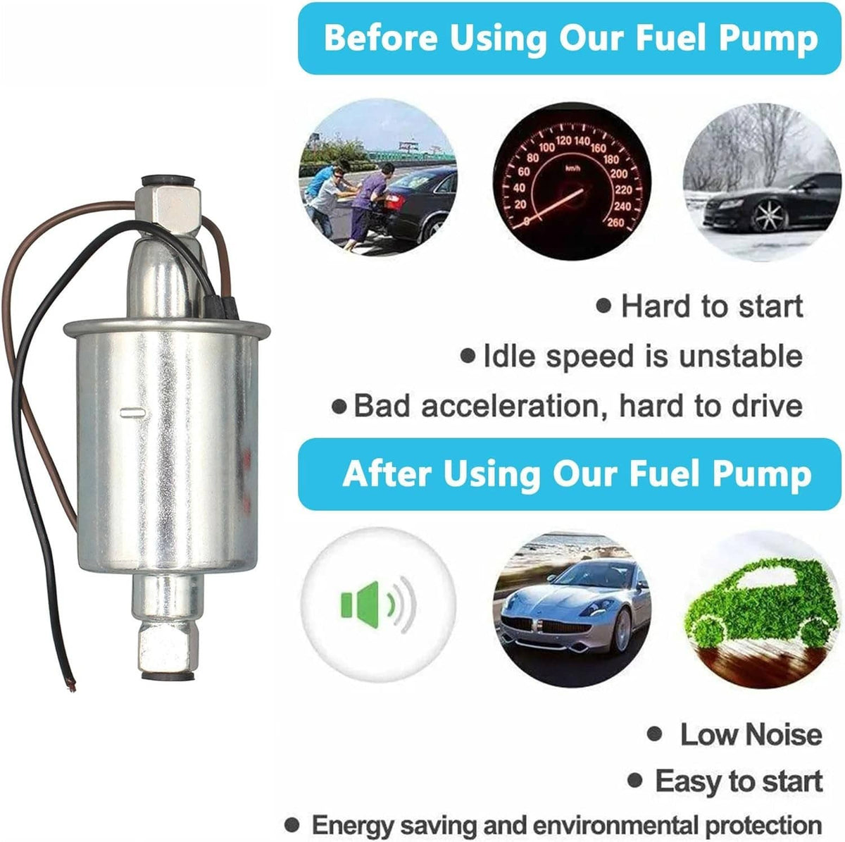Electric fuel pump with metal canister, fuel line hose, and two-wire connector