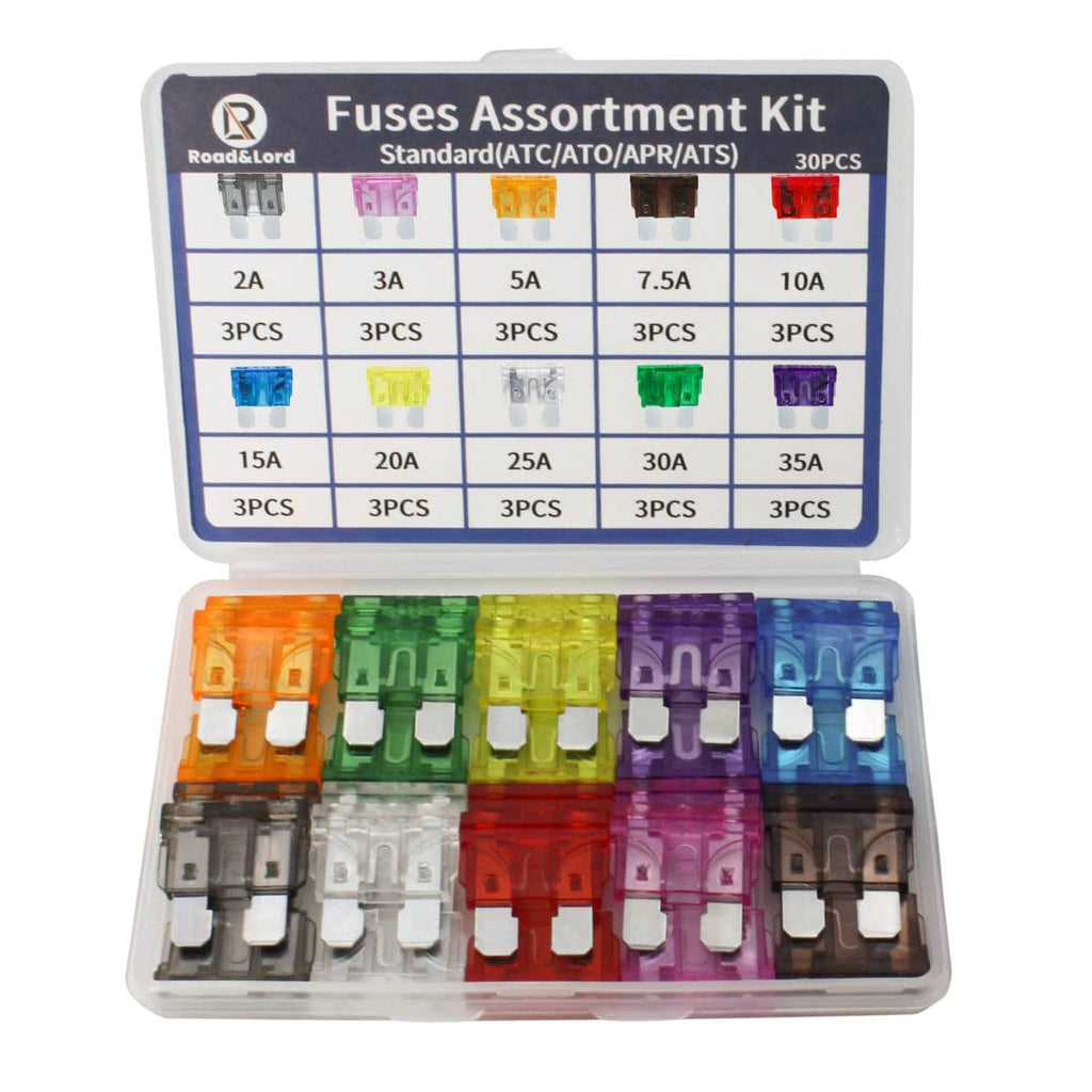 30-piece standard blade fuse assortment kit with multicolor ATC fuses in clear case