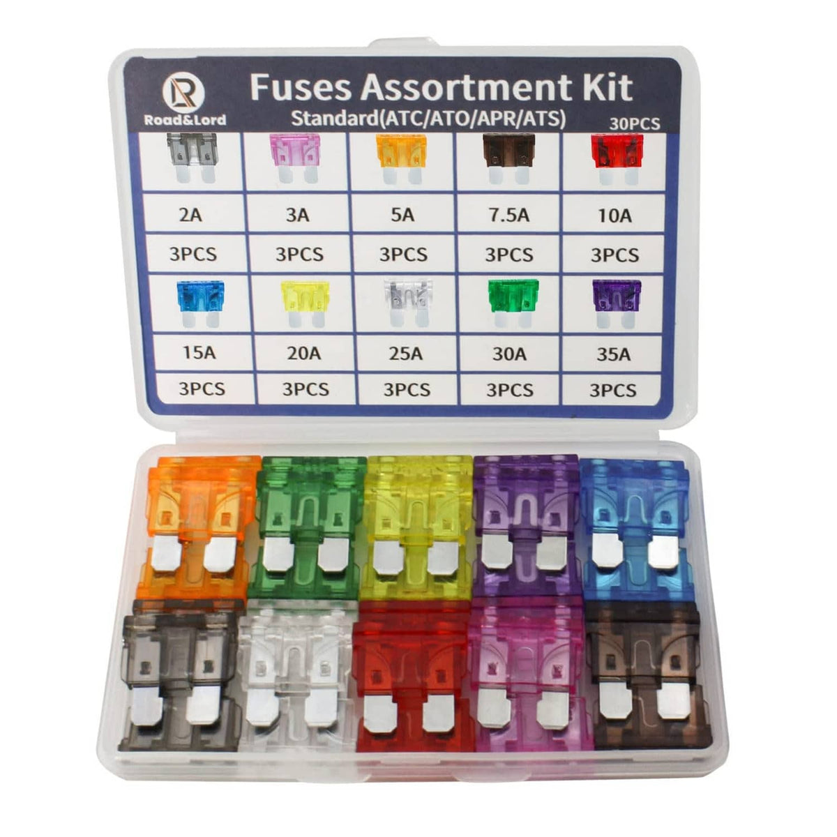 30-piece standard blade fuse assortment kit with multicolor ATC fuses in clear case