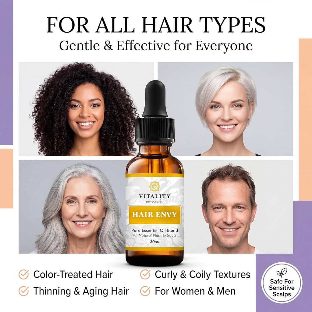 Hair serum bottle with black dropper shown with face icons for all hair types